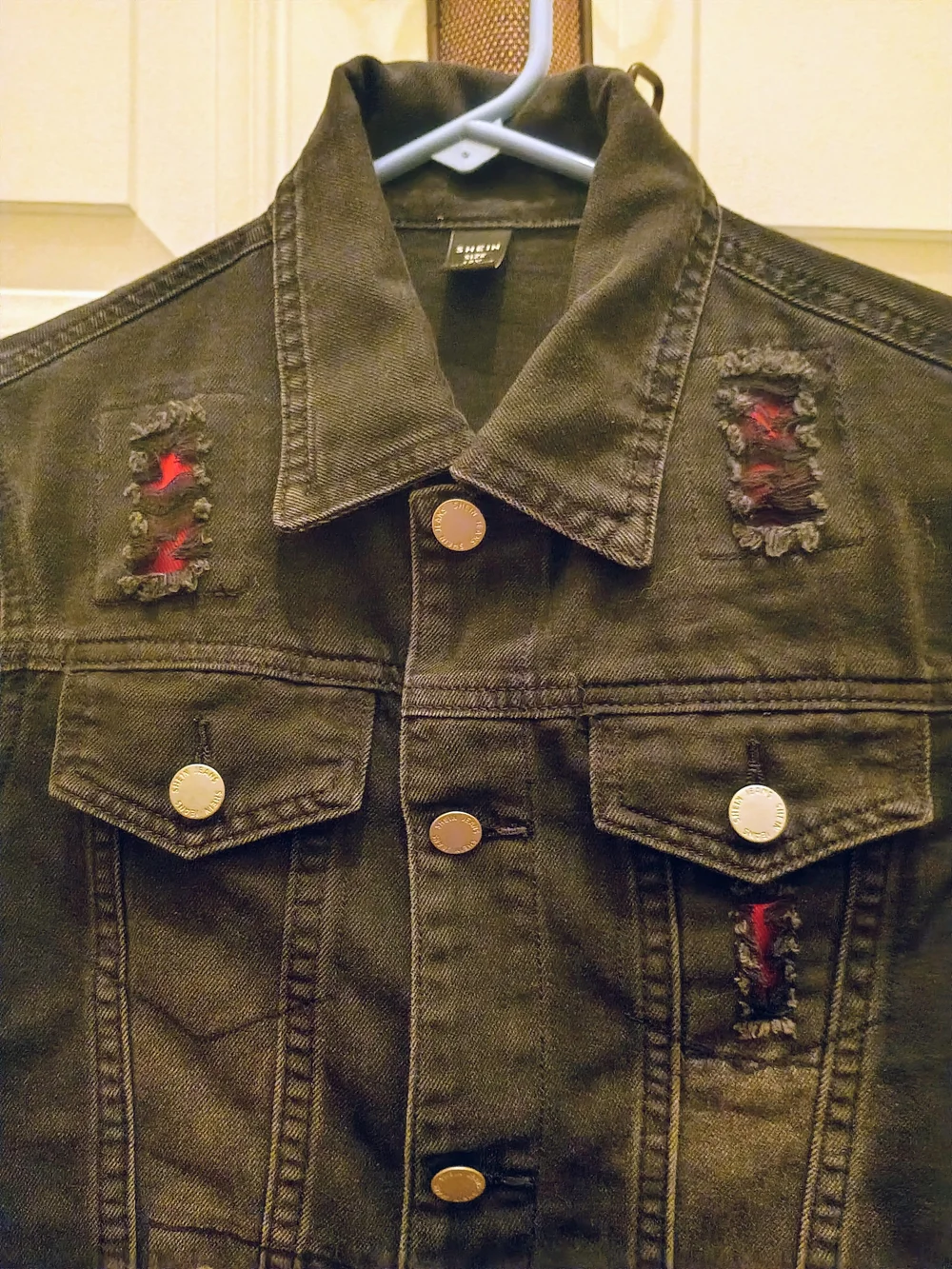 SHEIN Black Distressed Denim Jacket with Red Underlay